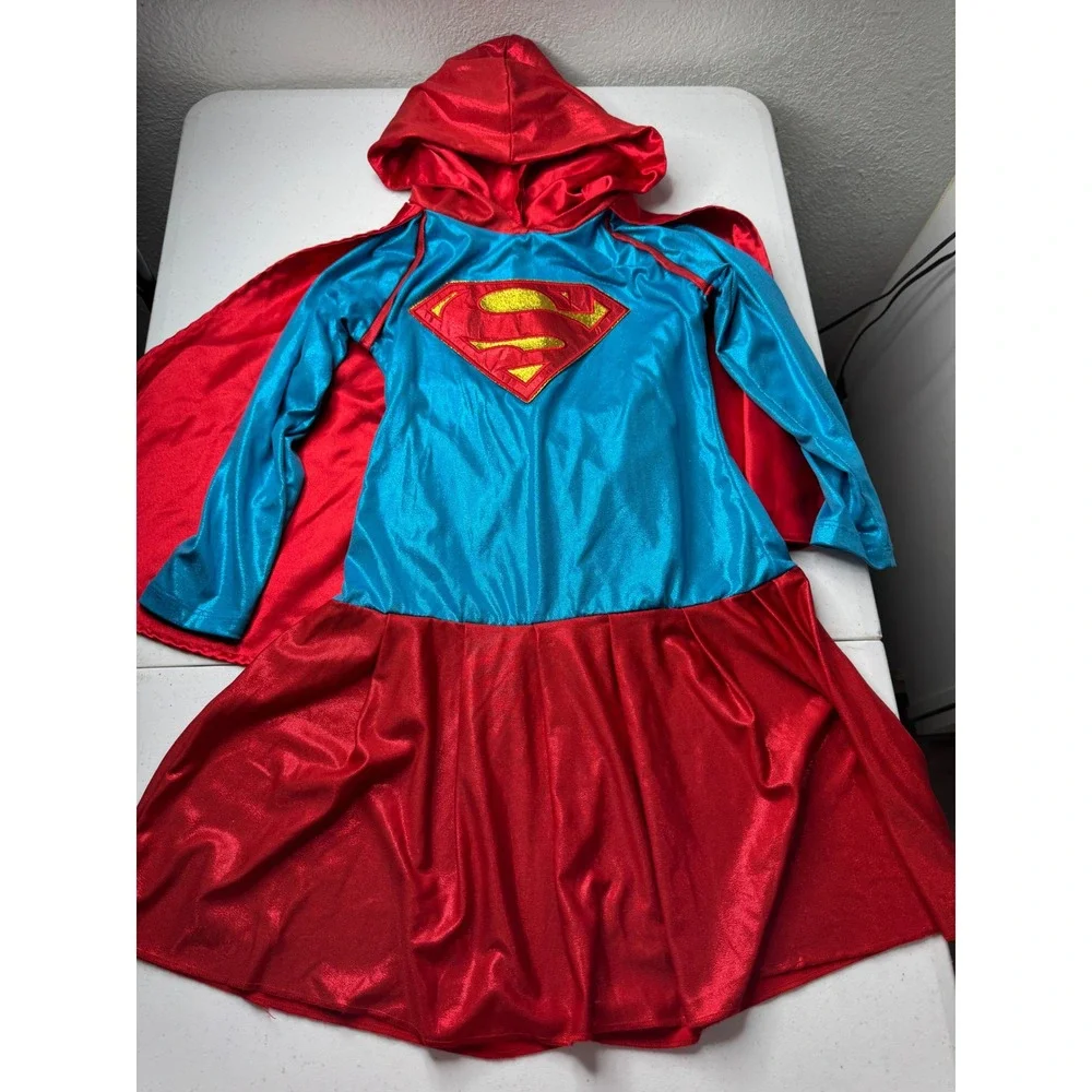 Supergirl Costume Dress with Attached Hooded Cape Blue Red‎ Girls Superhero